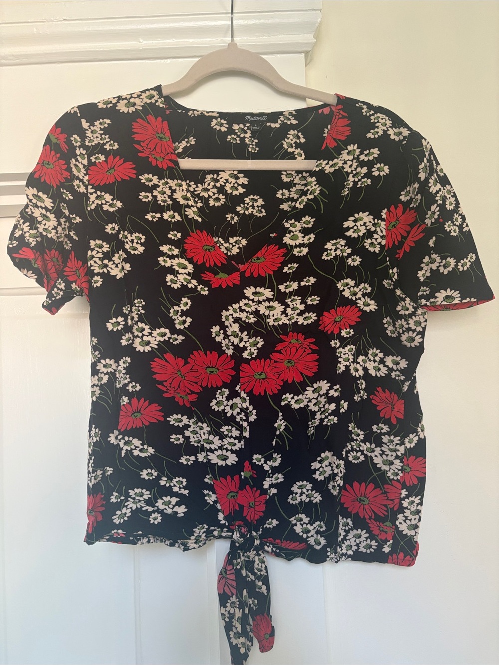 Maxwell Navy Floral Tie-Front Women’s Top with Red and White Flowers